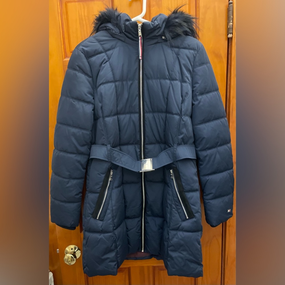 NWOT Tommy Hilfiger Women's Belted Faux-Fur Trim Hooded Puffer Coat Large 12-14 - Picture 11 of 14